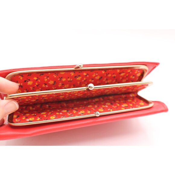 Red Clutch Wallet Kiss Lock Coin Purse Folding Floral Lining Faux Leather Vtg - Picture 5 of 9